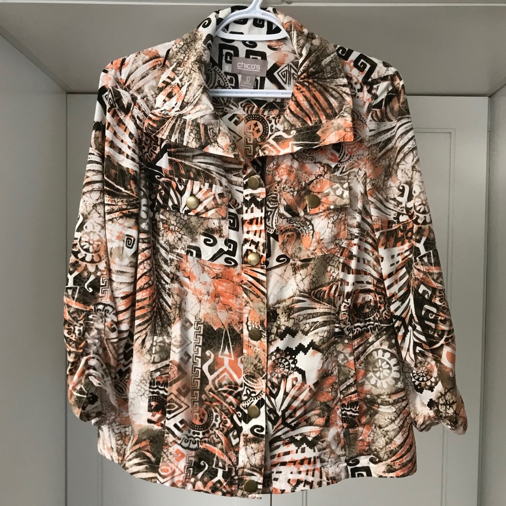 Chico’s Women’s Jacket / Blouse US 0 Taupe Peach Ivory and Brown Abstract